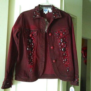NWT Diane Gilman Burgundy Denim Embellished Jacket
